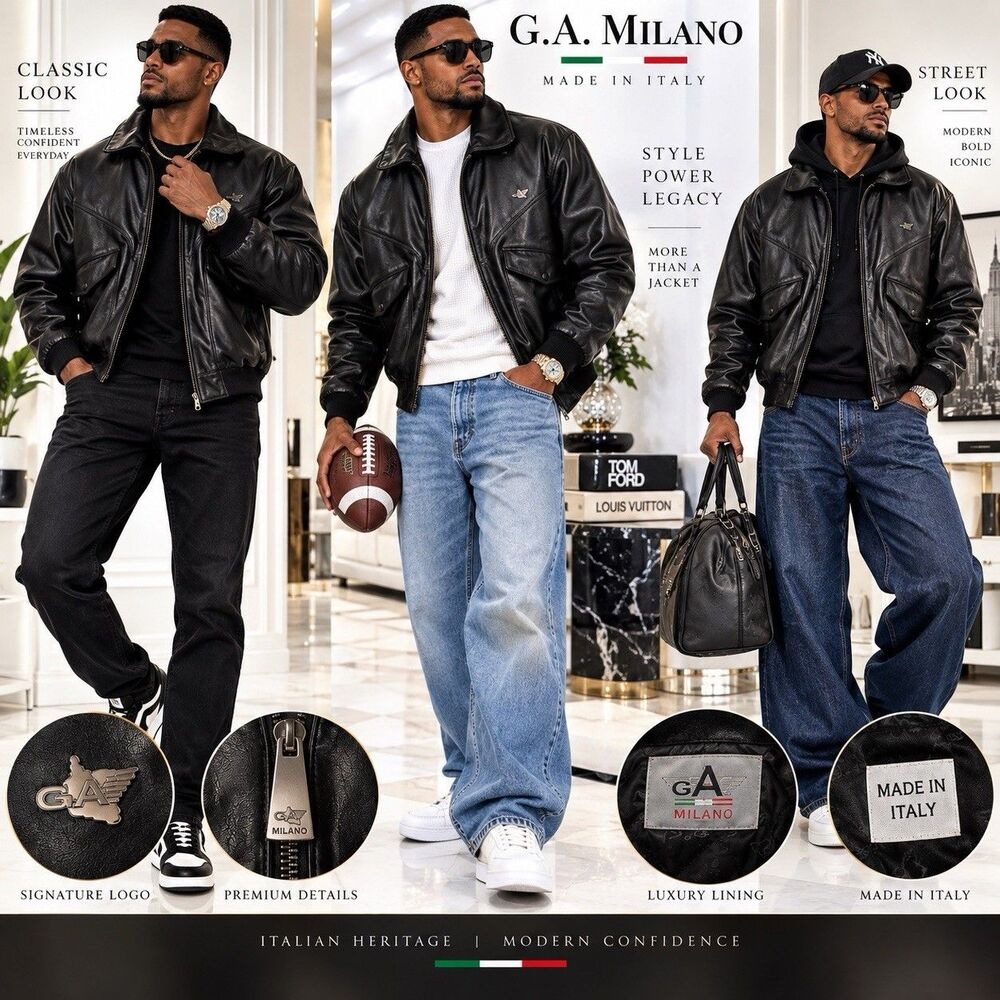 G.A Millano Mens XL Black Leather Jacket Made In Italy Bomber NWT Full Zip